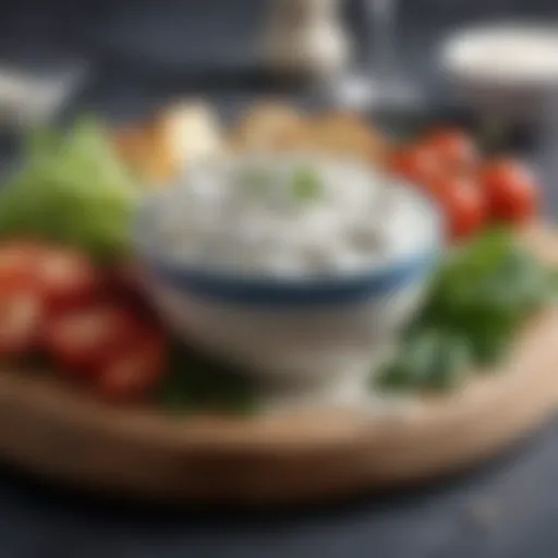 A close-up of Treasure Cave Blue Cheese Dressing in an elegant bowl surrounded by fresh ingredients