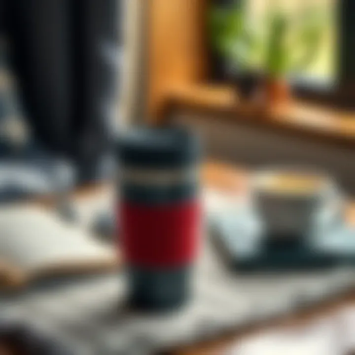 Travel Mug in a Cozy Setting A BPA-free travel mug placed beside a fresh coffee and a book