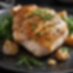 Close-up of a perfectly cooked chicken breast with herbs