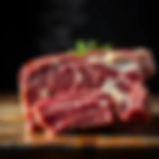 Close-up view of rib of beef highlighting marbling and texture