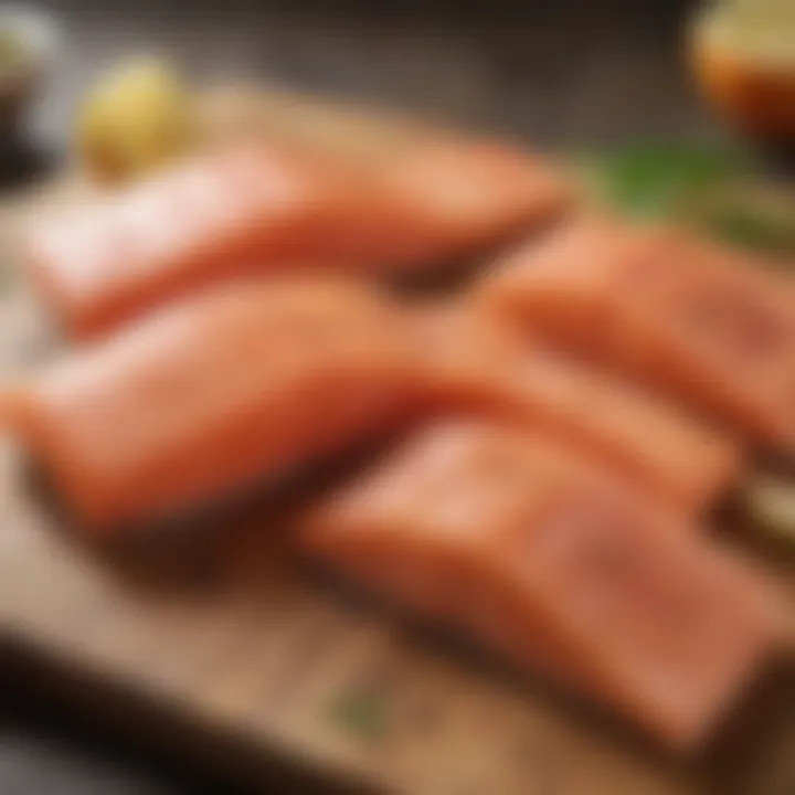 Fresh salmon fillets displayed on a wooden board.