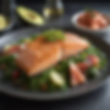 Plated Salmon Dish A beautifully plated salmon dish with avocado and greens.