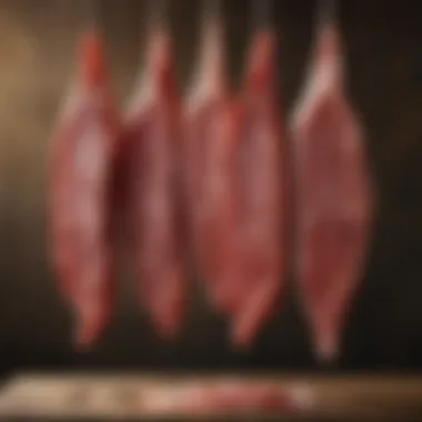 Traditional Curing of Speck Meat Traditional speck meat hanging in a cool, rustic environment