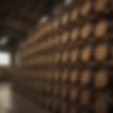 Mature whisky barrels stacked in a warehouse, essential for aging.