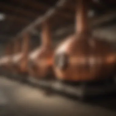 Crafting Distinction: Copper Stills in Distillation Copper stills gleaming in a distillery, crucial for whisky production.
