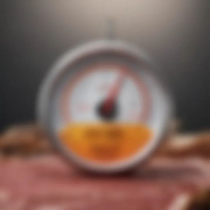 A meat thermometer displaying the ideal internal temperature for medium rare