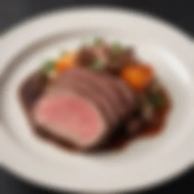 A beautifully arranged plate of medium rare roast beef with garnishes