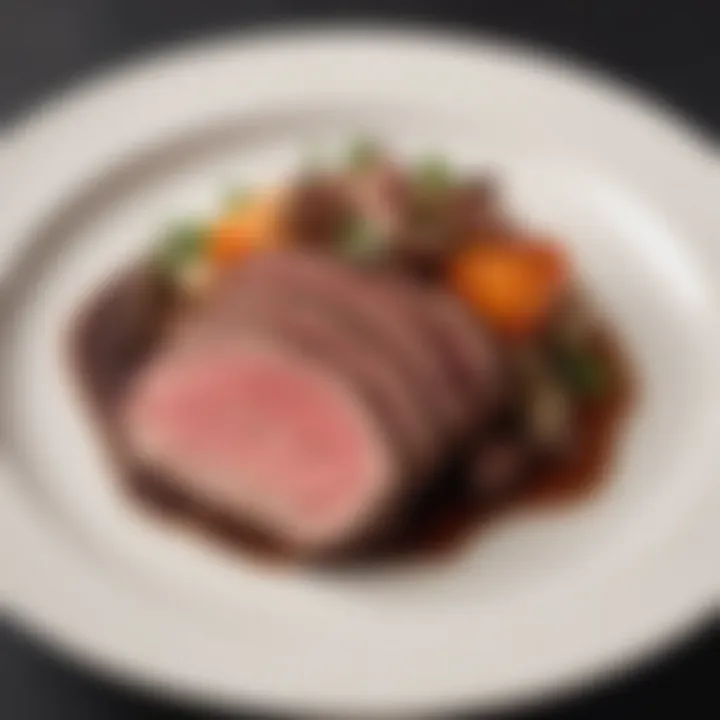 A beautifully arranged plate of medium rare roast beef with garnishes