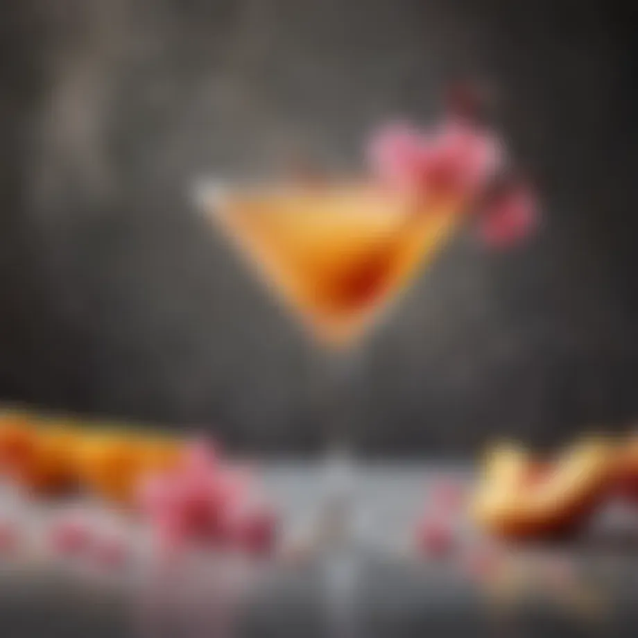 A beautifully crafted Peach Blossom Martini garnished with fresh peach slices and a twist of lemon