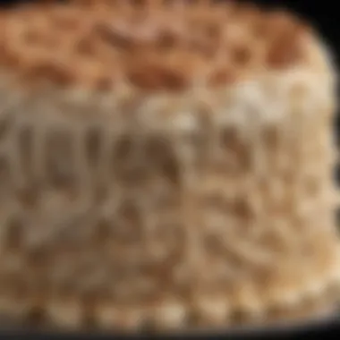 Intricate Coconut-Pecan Frosting on Cake A beautifully crafted cake highlighting the intricate coconut-pecan frosting technique.