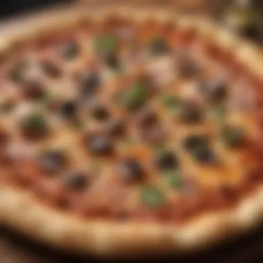 A close-up of a gourmet pizza featuring fresh ingredients and unique toppings.