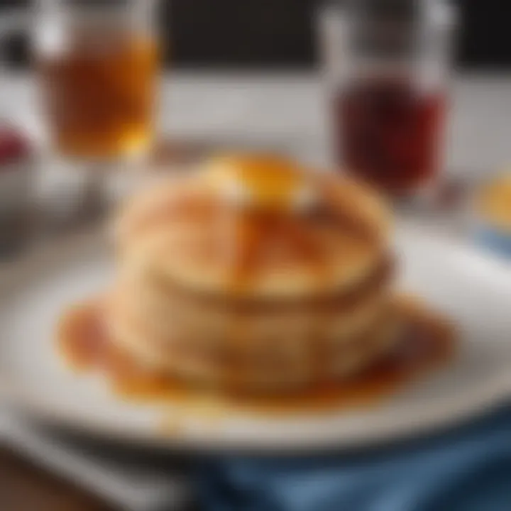 A beautifully garnished plate of pancakes with syrup, emphasizing presentation.