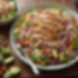 Colorful salad featuring shredded chicken, greens, and vibrant vegetables