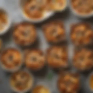 An overhead view of various vegan bread pudding variations in colorful dishes