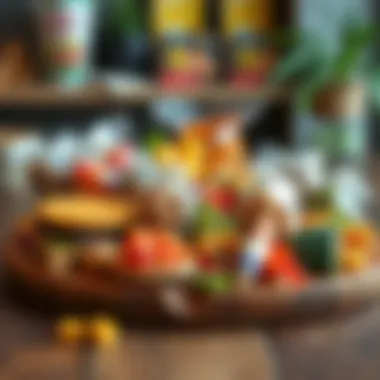 A vibrant assortment of colorful vegan snacks displayed on a wooden board