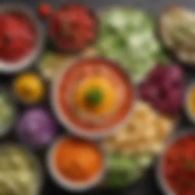 A Colorful Array of Dips and Fresh Vegetables A vibrant vegetable platter with an array of colorful dips