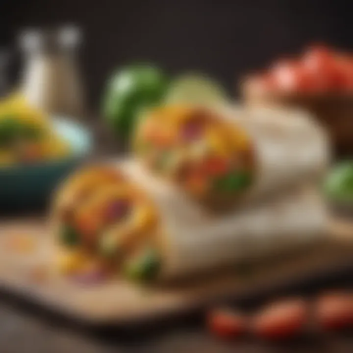 A vibrant array of breakfast burritos filled with colorful vegetables and protein.