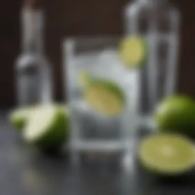 Close-up of ingredients: vodka, soda water, and fresh limes