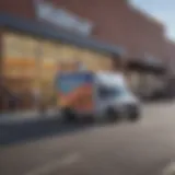 A delivery truck parked near a Walmart store