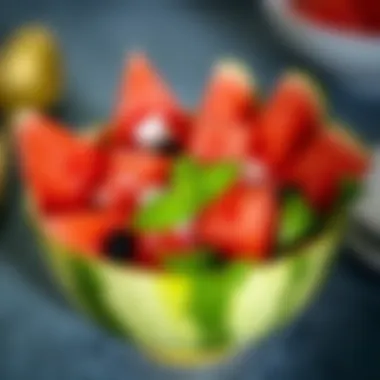 Artfully arranged watermelon salad in a bowl