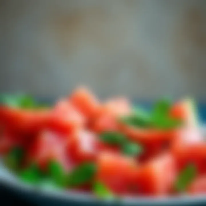 Colorful watermelon salad garnished with mint