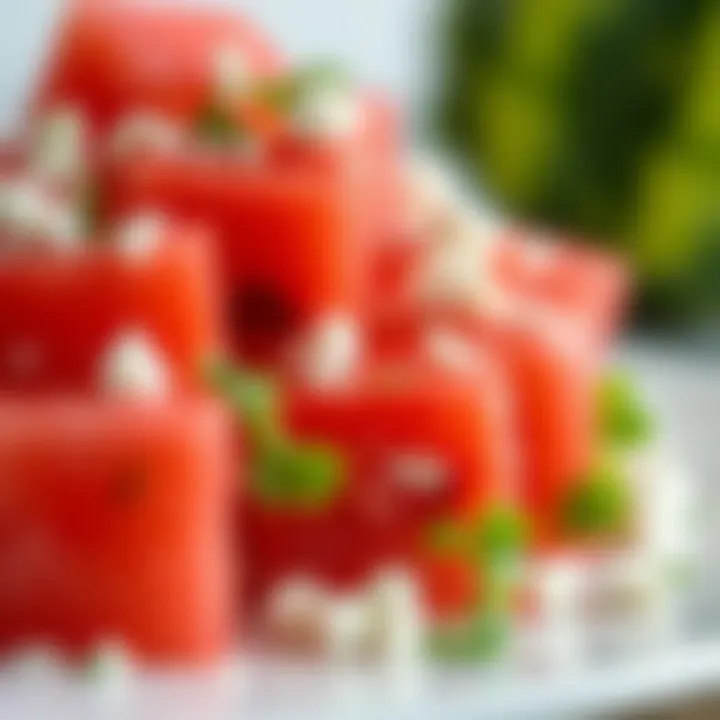 Close-up of watermelon cubes with feta cheese