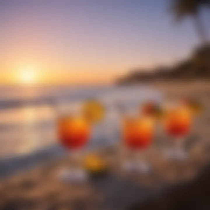 A sunset beach scene featuring cocktails made with Malibu