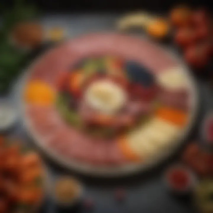Colorful ceramic charcuterie board featuring fresh produce