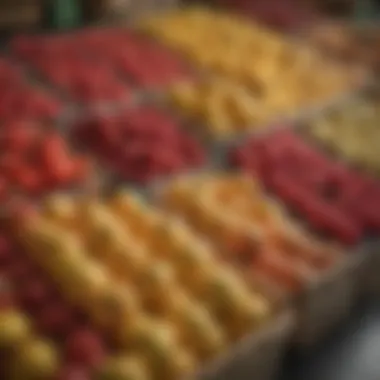 A local market showcasing a variety of fresh fruit baskets