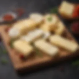 A selection of halloumi cheese varieties displayed on a wooden board