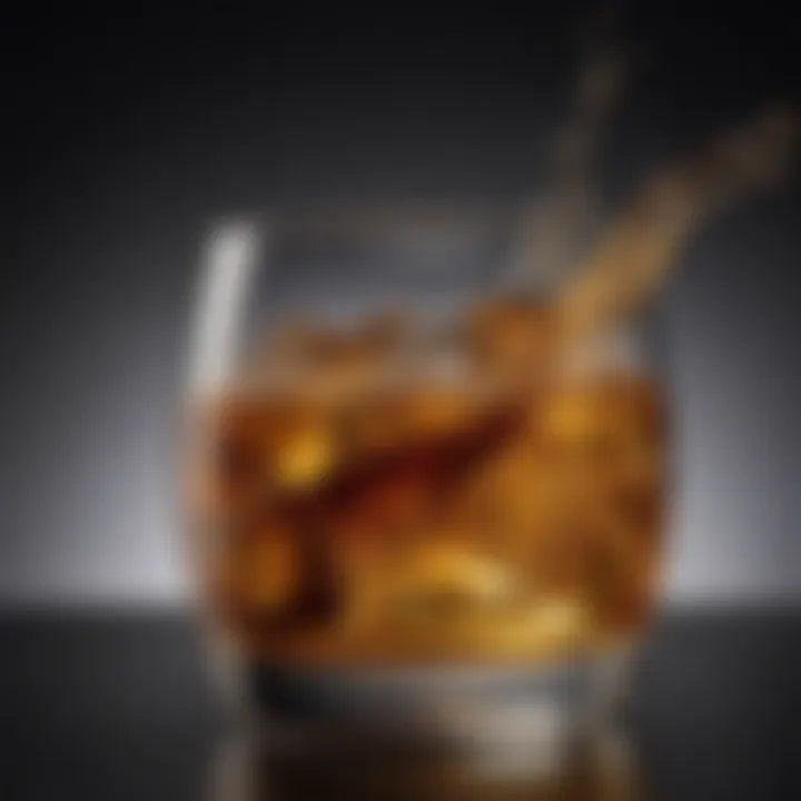 A close-up view of a whisky glass with whiskey swirling inside it.