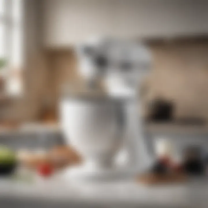 Elegant white Kitchen Aid mixer with a black bowl showcased in a modern kitchen setting