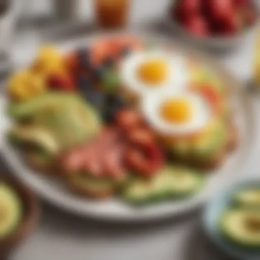 A beautifully arranged breakfast platter with avocado toast, eggs, and seasonal fruits.