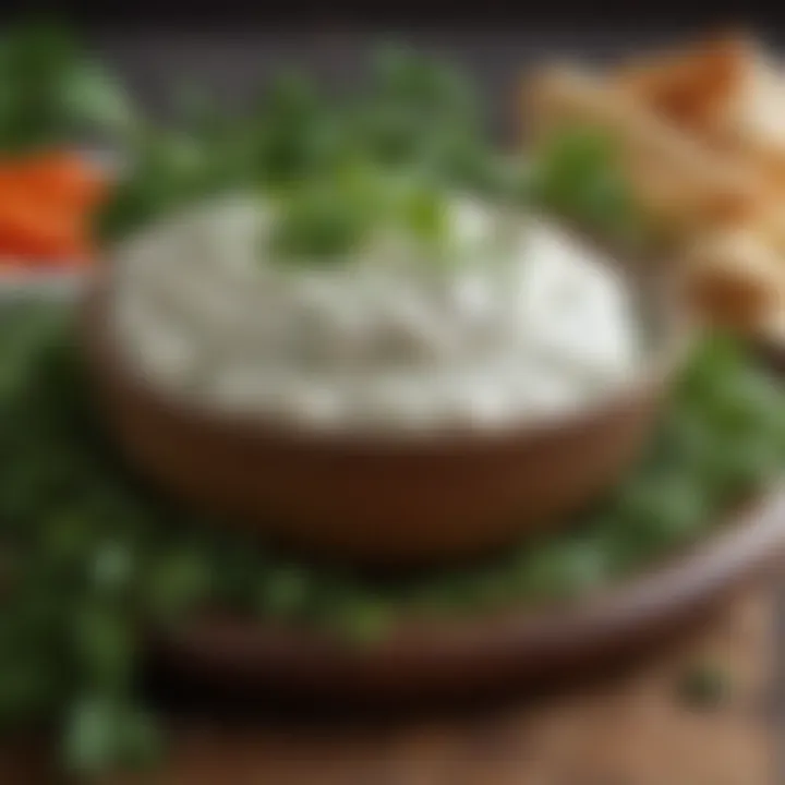 Close-up of creamy yogurt veggie dip in a rustic bowl garnished with fresh herbs.