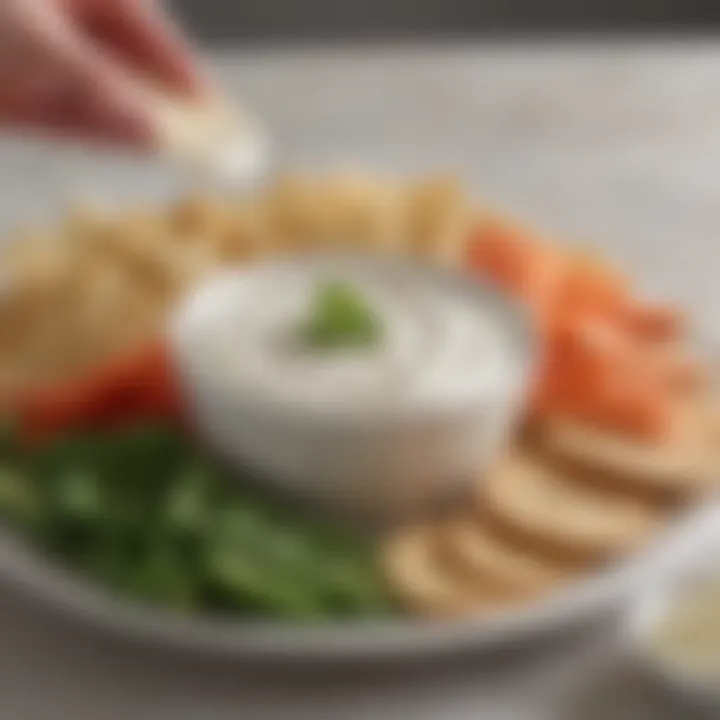 A colorful assortment of dipping options including pita, crackers, and fresh veggie sticks next to yogurt dip.