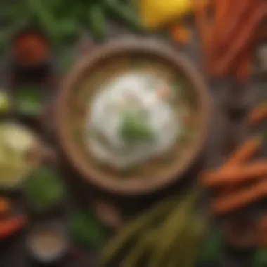 Spices and Herbs for Yogurt Veggie Dip Enhancement A diverse array of spices and herbs used to enhance the flavor of yogurt veggie dip, displayed creatively.