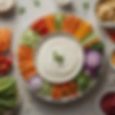 A vibrant spread of assorted vegetables arranged artfully around a yogurt veggie dip.